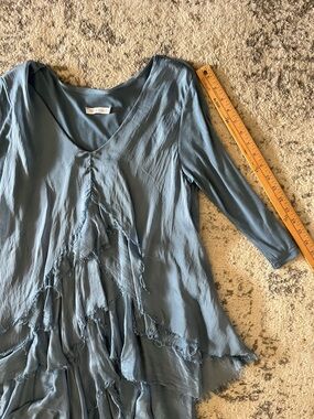 Italian Silk Layered Ruffle V-Neck Dress in Dusty Blue